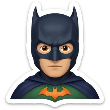 generate a batman emoji with just the face and neck showing and part of the cloak and and wings. Shade the bat logo on the chest in a medium green with a slight olive touch. Shade the mask in dark navy blue. Shade the cloak in a solid vibrant orange.

 sticker