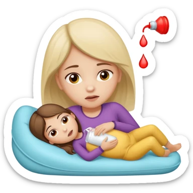 A girl, lying on her side suffering from menstrual cramps, has a hot water bottle on her stomach. sticker