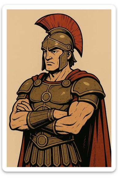 Le dieu Arès, visage fermé, style bande dessinée, armure et casque, posture désintéressée, sans texte sticker