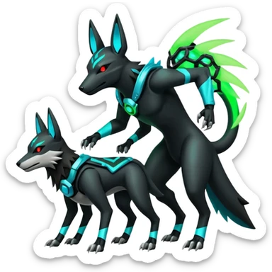 Black and green cyberpunk intricate neon glowing grey white futuristic cyborg-Houndoom-Lucario-Zeraora-Zoroark-Luxray-fusion (full body) sticker