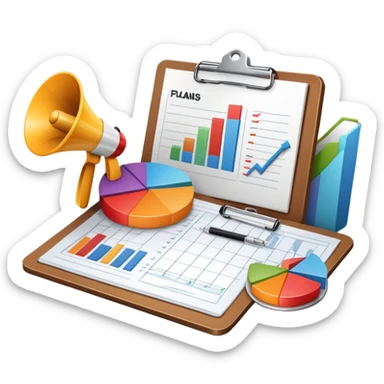 An icon featuring a pie chart, a megaphone, and a clipboard with strategy plans, symbolizing management and marketing. The design includes upward-trending graphs set against a modern office backdrop. Transparent background emphasizes business strategy and communication. sticker