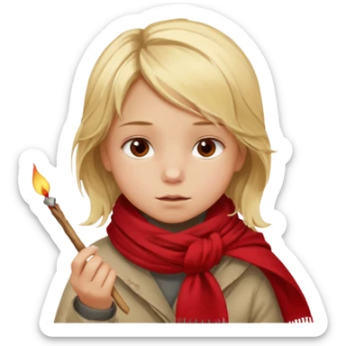 A little girl with messy blonde hair, wrapped in a thin scarf, lighting a match with shaky hands as warm light reflects in her eyes.
 sticker