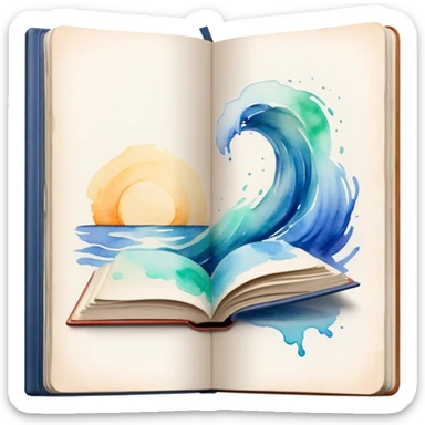 Cinematic Realistic image of an open sketchbook accompanied by a set of translucent watercolors, with delicate pigment stains and soft, flowing brushstrokes, captured under gentle, diffused lighting that highlights creative fluidity sticker