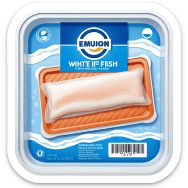 A vacuum-sealed plastic tray containing frozen white fish fillets, covered with thin layers of frost. The packaging has a clear window showing the fish, and a blue label with product details and a barcode. Realistic supermarket freezer setting with cold mist and LED lighting. sticker