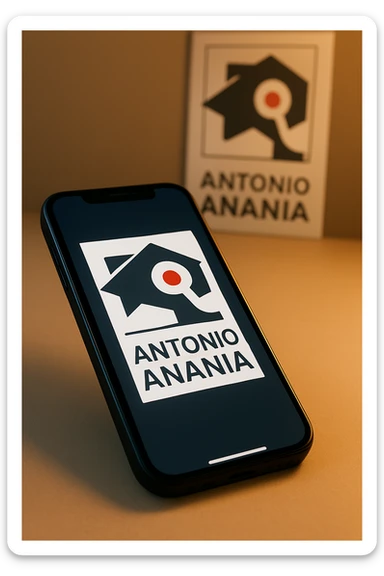 A photo of an iPhone with the message "Antonio Anania" on its screen, The phone sits atop a desk with a blurred background that suggests work environment. A faint glow from above casts gentle shadows across the surface of each object, creating depth and highlighting their textures sticker