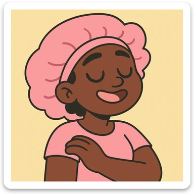 black girl with eyes closed wearing a pink bonnet, soft pastel cartoon style sticker