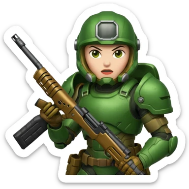 Doom Slayer wearing green armor and helmet, holding a shotgun, fierce expression sticker