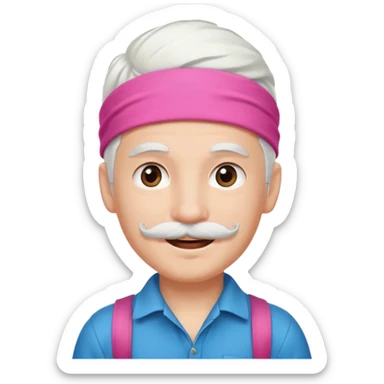 young climber boy with white hair and pink headband and mustache sticker