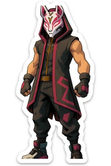 Fortnite Drift skin, full body, fox mask, glowing pink lines, stylized, no text sticker
