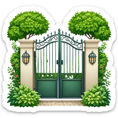 house entrance with iron gate and fence surrounded by lush green plants and bushes sticker