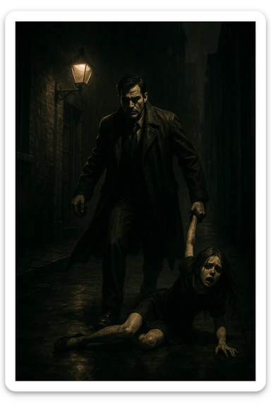 a man in a trench coat dragging a girl, dramatic scene, cinematic style sticker