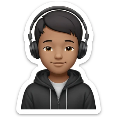 Young Black male, short hair, eyes closed, soft cheeky smile, calm and proud vibe. Dark hoodie, big black over-ear headphones. Focus on face and expression; exaggerate smile and eyes for small emoji size. Background optional. sticker