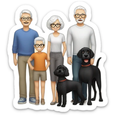 Family mother with glasses and short white hair, dad bolded with beard and moustaches, 3 boys with fair hair, 1 big black dog terrier, 1 dog soft weaten terrier, 1 dog small white poodle sticker