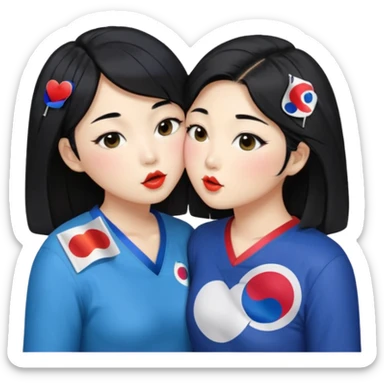 Korean lesbians, kisses and Let them both have black hair, kiss each other, have a lesbian flag on their cheeks, be sweet, dress openly, have open waists  sticker