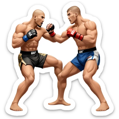 Two MMA fighters in the octagon, one delivering a strong punch while the other defends with a guard. The background shows the UFC octagon with the crowd in the distance. Transparent background emphasizes the dynamic intensity and skill of mixed martial arts. sticker