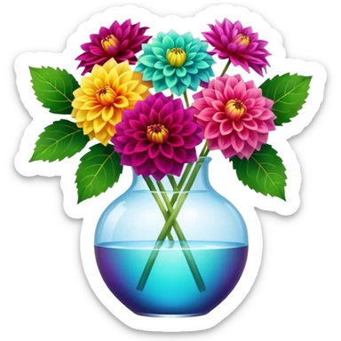 realistic dahlia flowers in a clear vase with clear water sticker