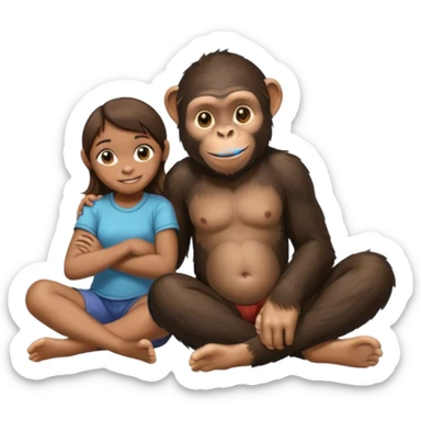 un chiomapnze sentado en el suelo al lado de una chica sticker