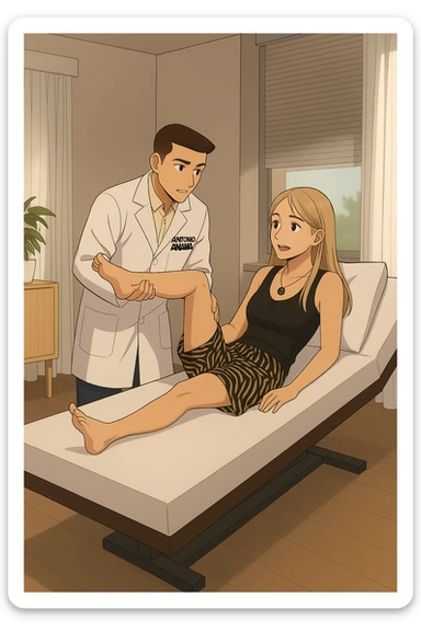 fai un webtoon/manga a colori con questo kinesiologo in camice bianco (fagli la scritta "ANTONIO ANANIA" SUL CAMICE) CHE SVOLGE UN TEST NEUROMUSCOLARE SOLLEVANDO UNA GAMBA ALLA RAGAZZA CHE è STESA SU UN LETTINO BIANCO. STANZA SEMPLICE E MODERNA, DURANTE IL TEST I DUE DIALOGANO TRA LORO. NON FARE I FUMETTI, FAI SOLO LORO COME SE DIALOGASSERO sticker