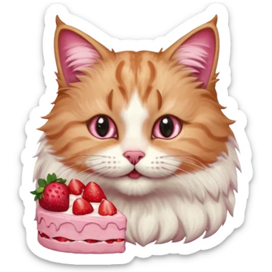 Close-up portrait of a fluffy cat eating a strawberry cake, pink cream on its nose and whiskers, detailed fur texture, soft natural light, shallow depth of field, high resolution, cute and candid moment
, sticker