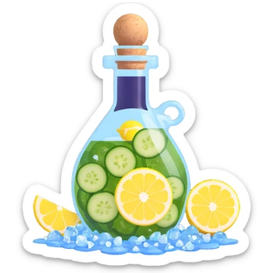 potion bottle with a perfectly round floating bottom, very small cork, very short neck, filled with #00d9ff liquid, inside cucumber slices, lemon slices, ice cubes, edible flower petals, and magical sparkles, soft lighting, transparent glass, clean background, fantasy style sticker