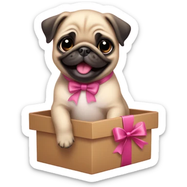 Baby pug with big pink
eyes wearing a pink bow above 1 ear sitting in a gift box  laughing  sticker