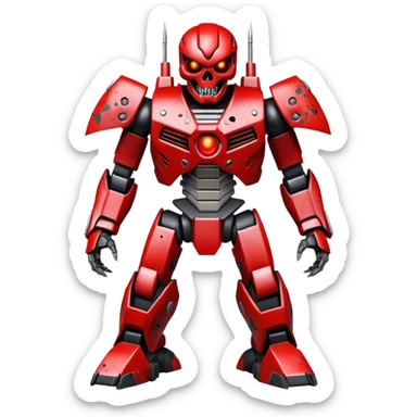 An evil mega zord tech bot with blood and glowing eyes in the style of your bleeding skull art, full body, rushed and worn from surviving the apocalypse, mostly Grey but splattered with blood. sticker