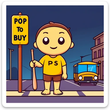 humanoid wooden club with big cartoon eyes and wide smile, barefoot, standing at a dark street bus stop under a dim streetlight, holding a bat, background sign 'Pentung Pos Ronda' sticker