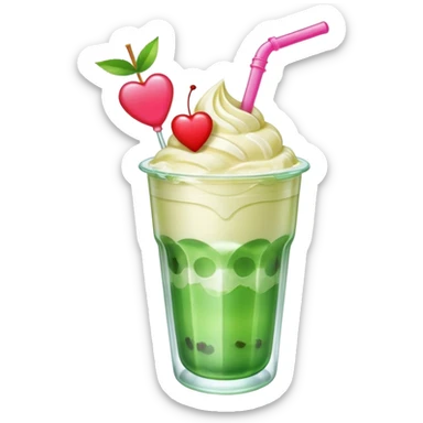 clear emoji-style of a green soda float with ice, vanilla ice cream scoop, two red cherries, pink heart-shaped straw, simple shapes, bright colors, glossy, kawaii style, centered, transparent background
 sticker