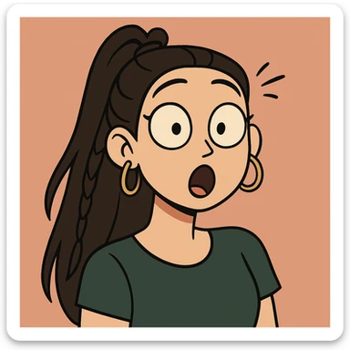 Create a cute and lively cartoon style face with a surprised expression, keeping her unique features and hairstyle from the reference image. sticker