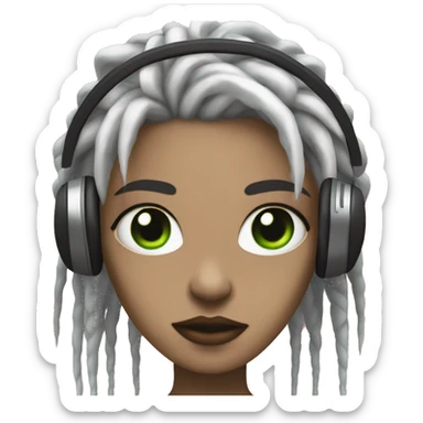 White woman with green eyes, black punks dreadlocks and pink headphones, gothic, grunge  sticker