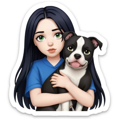 billie eilish long black hair dark eyeliner makeup, holding pitbull dog sticker