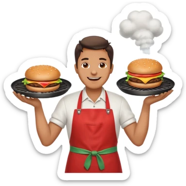 A cheerful man in an apron flipping burgers on a sizzling grill with smoke puffing upward. sticker