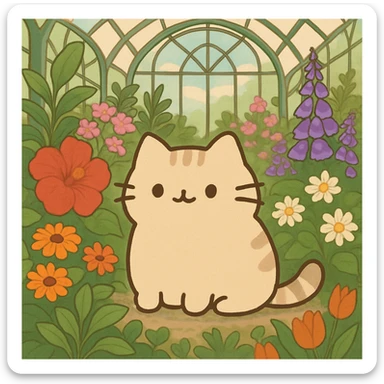 beige blonde pusheen-style kitten in a botanical garden greenhouse filled with flowers sticker