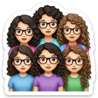 4 girls, one one with very long curly hair, a little brunette with glasses, another with short curly wavy hair, also a little brunette, another who is dark blonde with wavy tips with braces and another with straight light brown hair and glasses sticker