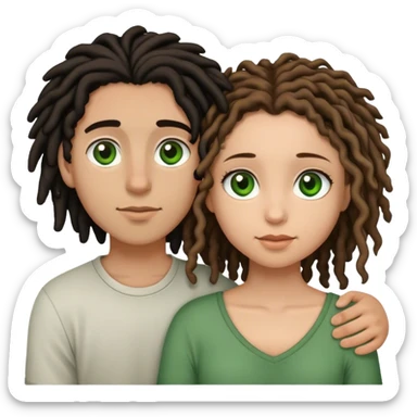 couple holding eachother. the boy is light skinned, short brown dreads, and green eyes. the girl is light skinned, curly black hair, and brown eyes sticker
