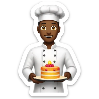 A pastry chef with a bright colored light holds a cake with three tiers in one hand sticker
