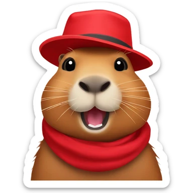 A happy capybara in a red hat sticker