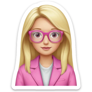 Portrait of Blond woman with long hair, wearing pink jacket and pink glasses sticker
