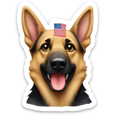 A German Shepherd with an American flag sticker