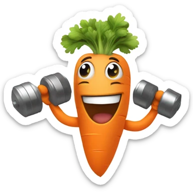 Generate an energetic carrot emoji wearing a sweatband, lifting tiny dumbbells, and looking motivated. sticker