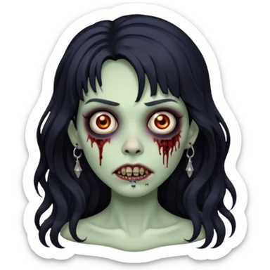 crie um kamoji estilo zumbi (feminina) com o cabelo comprido levemente ondulado e com franja preto, coloque alguns piercing  sticker