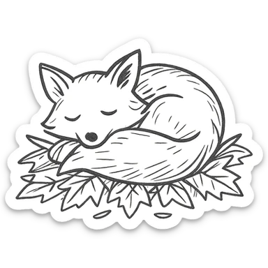 sleepy fox curled up on a pile of autumn leaves, hand-drawn forest style sticker