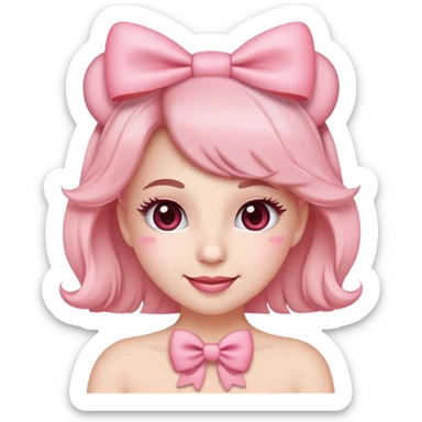 Ultimate coquette emoji with big pink bow, rosy cheeks, batting eyelashes, sweet smile, heart accents, ultra feminine, dainty, soft pink color palette sticker