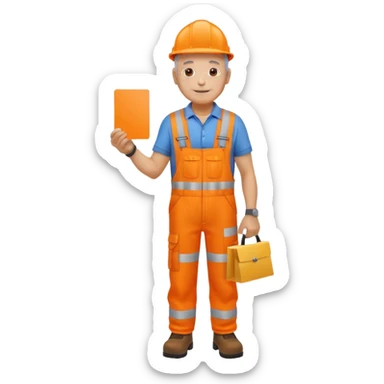 older engineer hi-vis orange overalls full body holding a card sticker