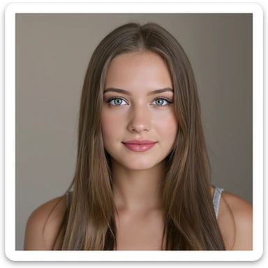 realistic portrait of a girl with long straight brunette hair and blue eyes, high detail, direct gaze, simple background sticker