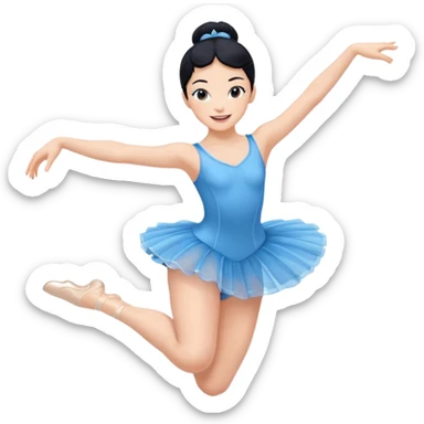 A lively black hair ballerina in a blue outfit, jumping mid-air with a bright smile. sticker