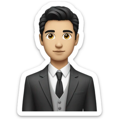 young man with black hair, light white skin colour, business attire, and a focused face sticker