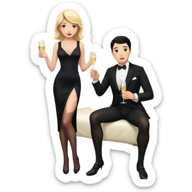 Blonde woman, black, Long, tight, sleveless Dress, Slot left Leg, stockings, man, DARK Hair, in Dinner jacket, Background bedroom, drinking champaign sticker
