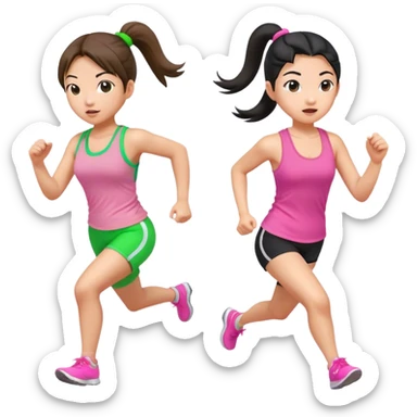 two asian girls ponytail with green tank top and pink tank top running sticker