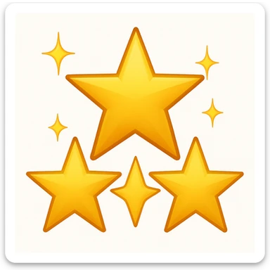 3 golden stars, one big in the center and two smaller on the sides with sparkles (emoji style) sticker